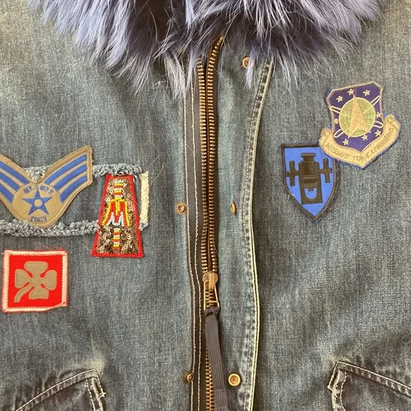 Blue fox fur hooded denim coat